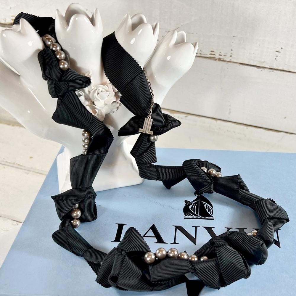 Lanvin Couture Black Silk Ribbon Beaded Long Necklace